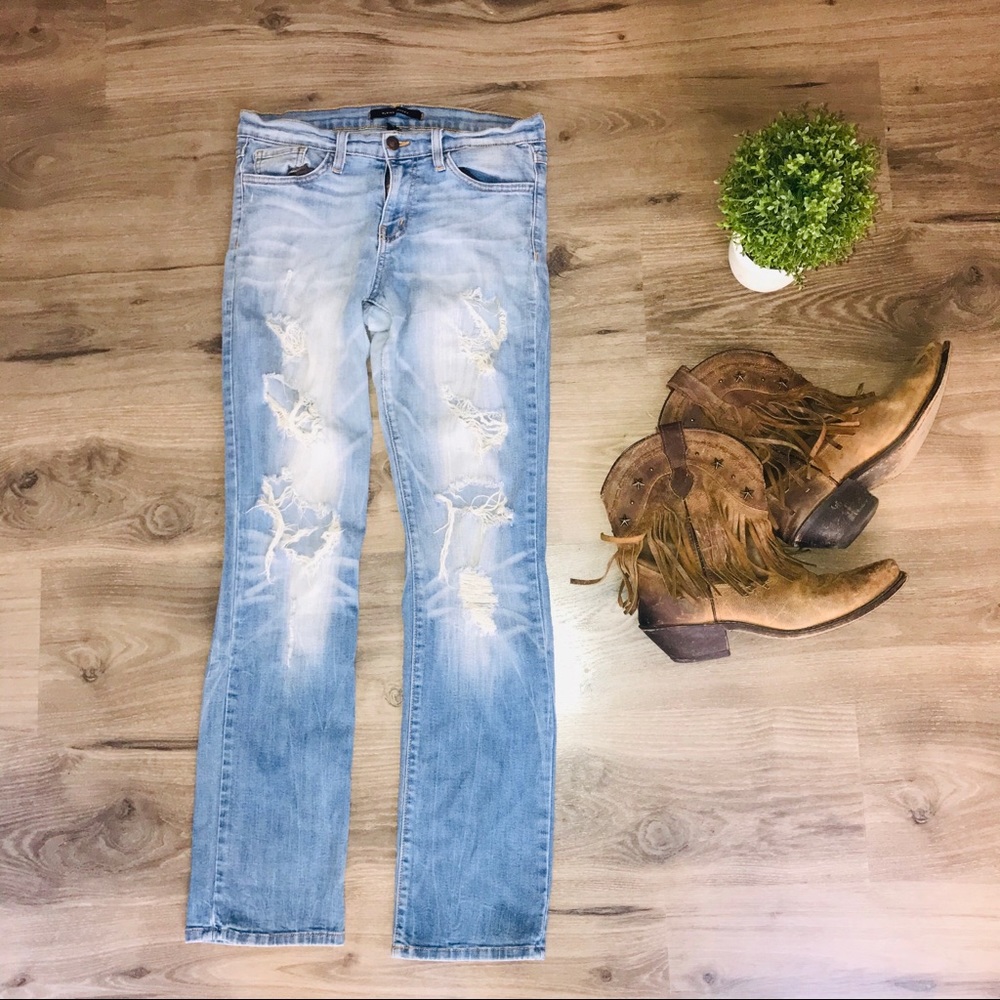 Flying monkey distressed light wash jeans